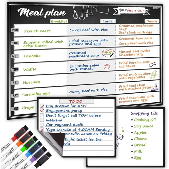 Magnetic Dry Erase Meal Planning Whiteboard for Refrigerator-One 14.5x11 Weekly Menu Board and Two Notes Whiteboard for Kitchen Fridge-Refrigerator Organizer with Meal Planner Boards
