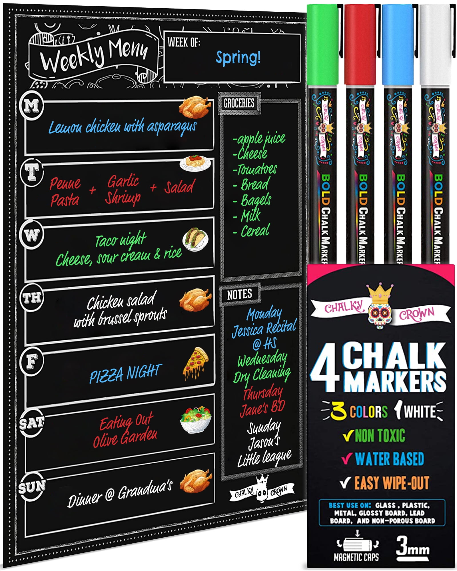 Magnetic Dry Erase Menu Board for Fridge Includes 4 Liquid Chalk Markers -  Weekly Meal Planner Blackboard, Grocery List and Notepad for Kitchen  Refrigerator - Multicolored Chalk - Chalkboard Magnet 