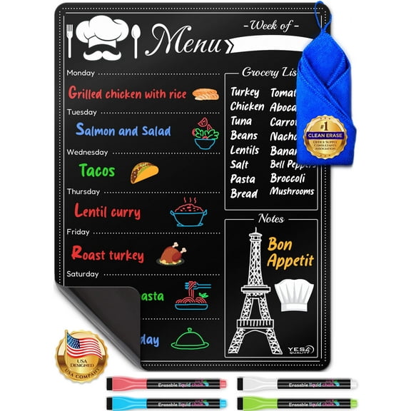 Magnetic Dry Erase Menu Board for Fridge, 16" x 12" Blackboard Meal Planner by Yes4Quality