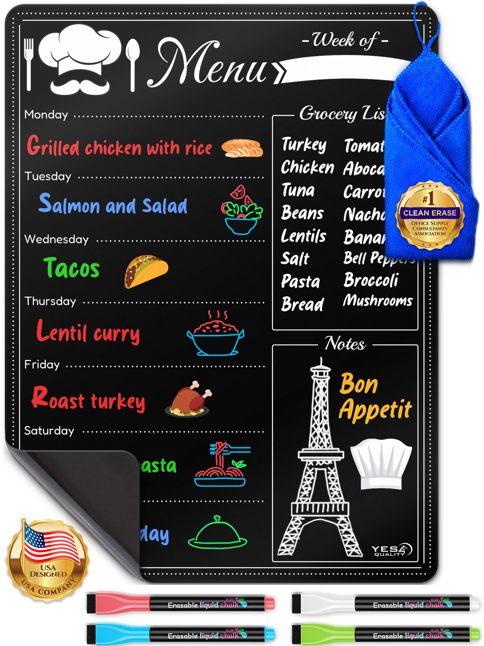 Magnetic Dry Erase Menu Board for Fridge, 16" x 12" Blackboard Meal Planner by Yes4Quality