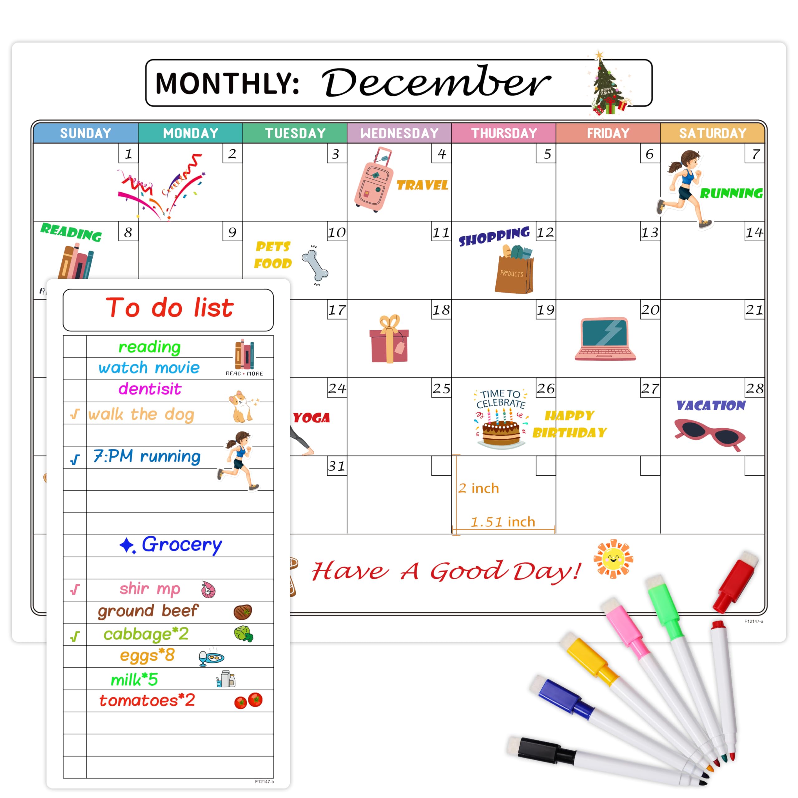 Dry Erase Refrigerator Calendar with Markers 15" x 11