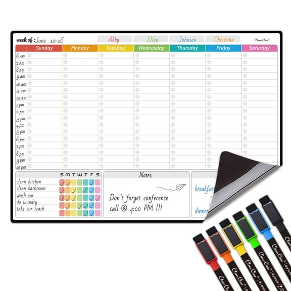 Magnetic Dry Erase Weekly Calendar for Fridge - Large 17"x12" Magnetic Weekly Planning Board with Hourly Time Slots - 6 Extra Fine Point Markers Included