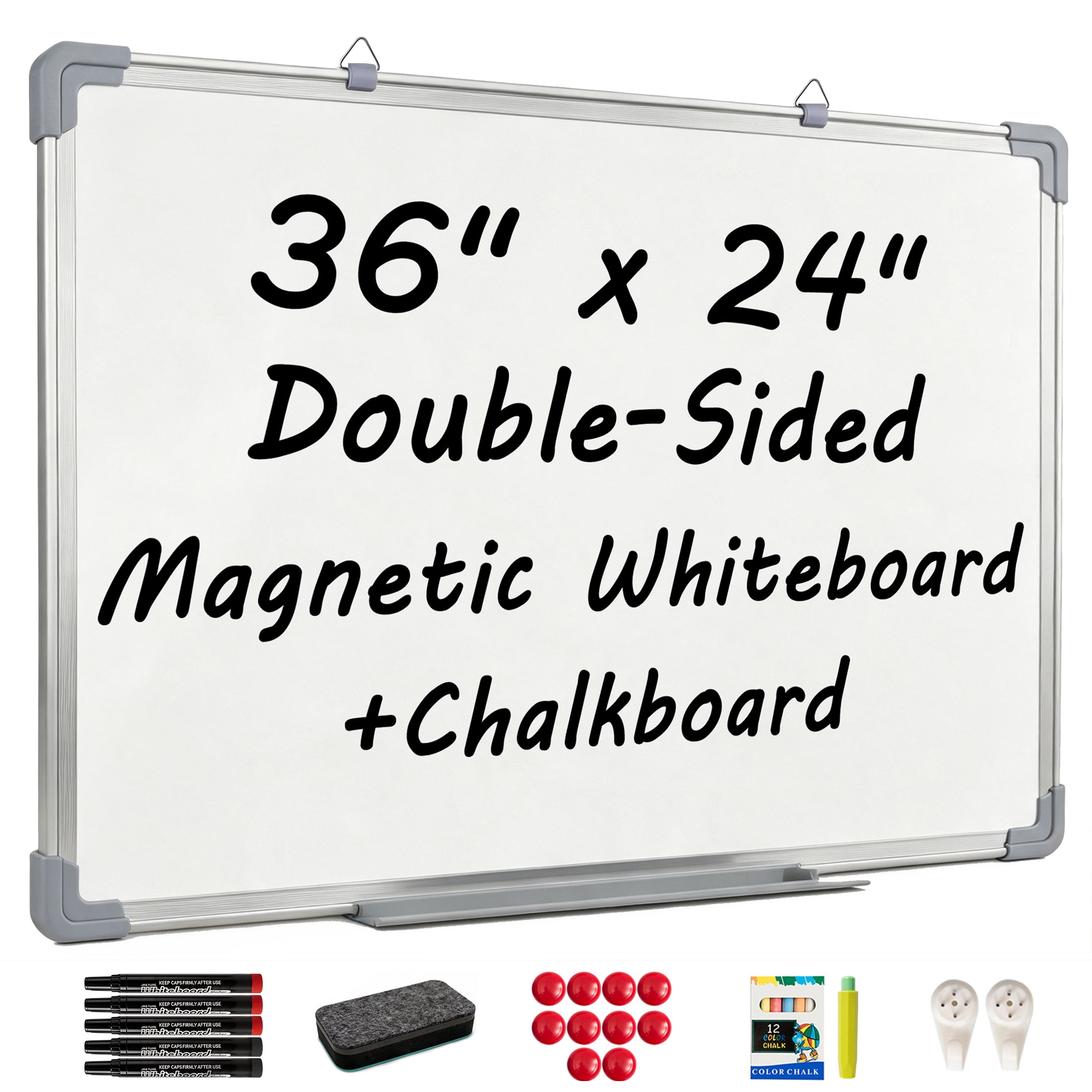 GARITIN Magnetic Dry Erase Whiteboard & Chalkboard, 36" x 24" Double Sided Wall Mounted Board with Markers & Eraser for Home Office School Kitchen