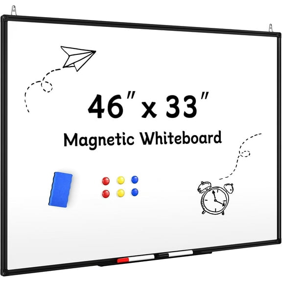 Magnetic Dry Erase Whiteboard - 46 x 33 Inch White Board - 4 x 3 Large Wall-Mounted Board with Black Aluminum Frame, 1 Magnetic Eraser, 2 Pen, Detachable Marker Tray, 6 Magnets