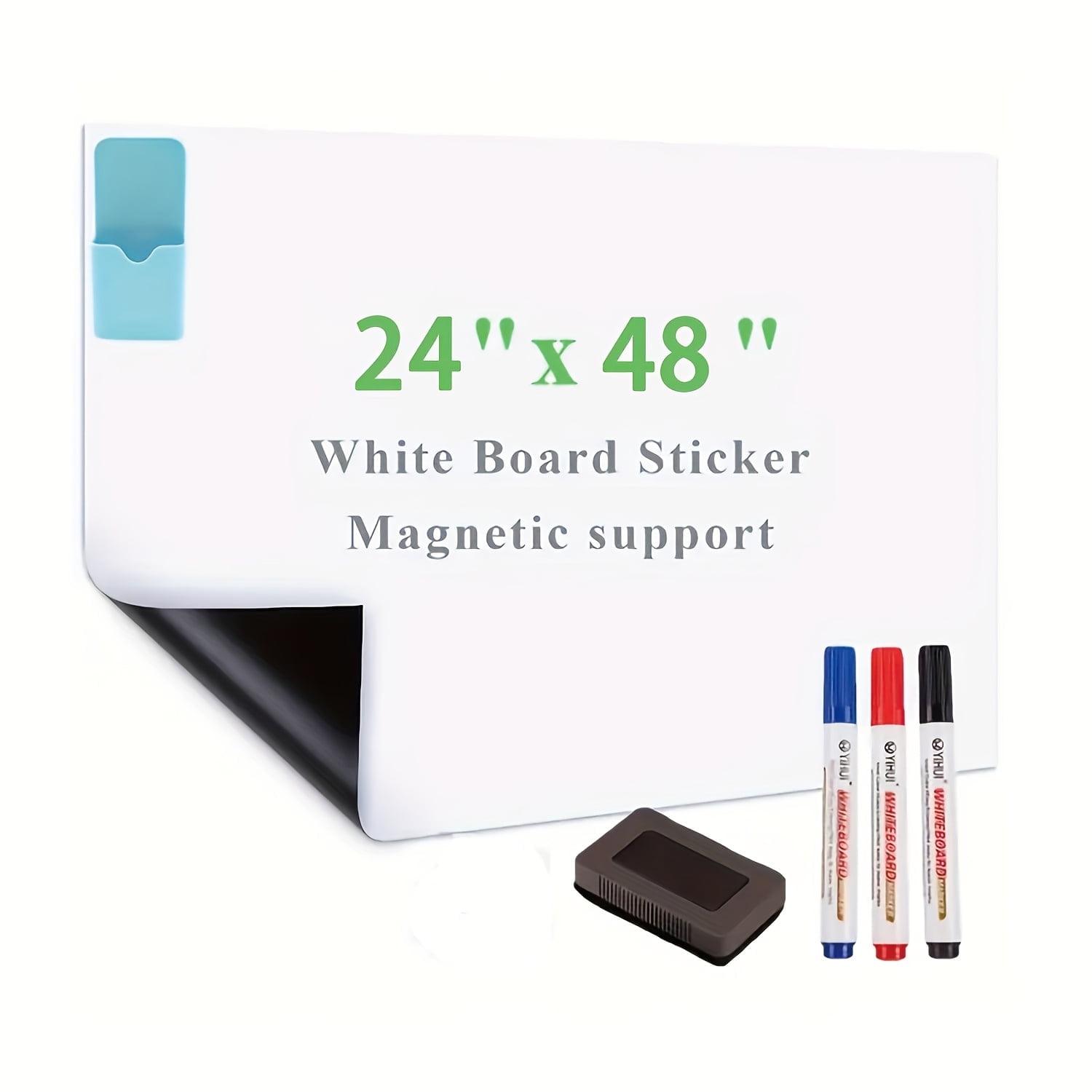 Magnetic Dry Erase Whiteboard Paper with Adhesive, 24" x 48" White Board Film for Wall, Easy to Write and Clean Dry Erase Board for Office, Classroom, Home, Include Marker, Magnetic Eraser and Magnet