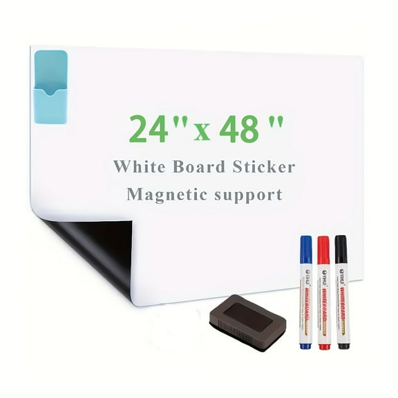 Magnetic Dry Erase Whiteboard Paper with Adhesive, 24" x 48" White Board Film for Wall, Easy to Write and Clean Dry Erase Board for Office, Classroom, Home, Include Marker, Magnetic Eraser and Magnet