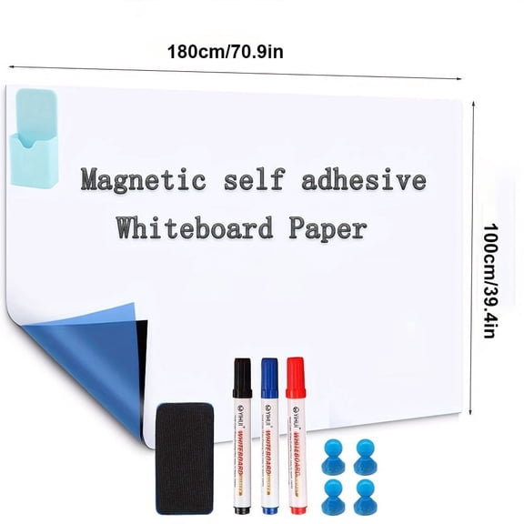 Magnetic Dry Erase Whiteboard Paper with Adhesive, 40" x 70" White Board Film for Wall, Easy to Write and Clean Dry Erase Board for Office, Classroom, Home, Include Marker, Magnetic Eraser and Magnet