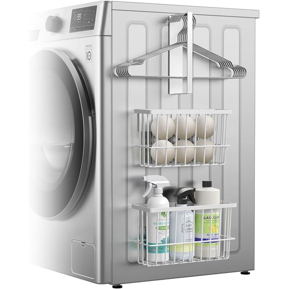 Magnetic Dryer Ball Holder and Magnetic Han r Holder for Laundry Room Organization and Stora , Magnetic Lint Bin for Laundry Room, Iron Basket Dryer Ball Container for Laundry Room Stora (White)