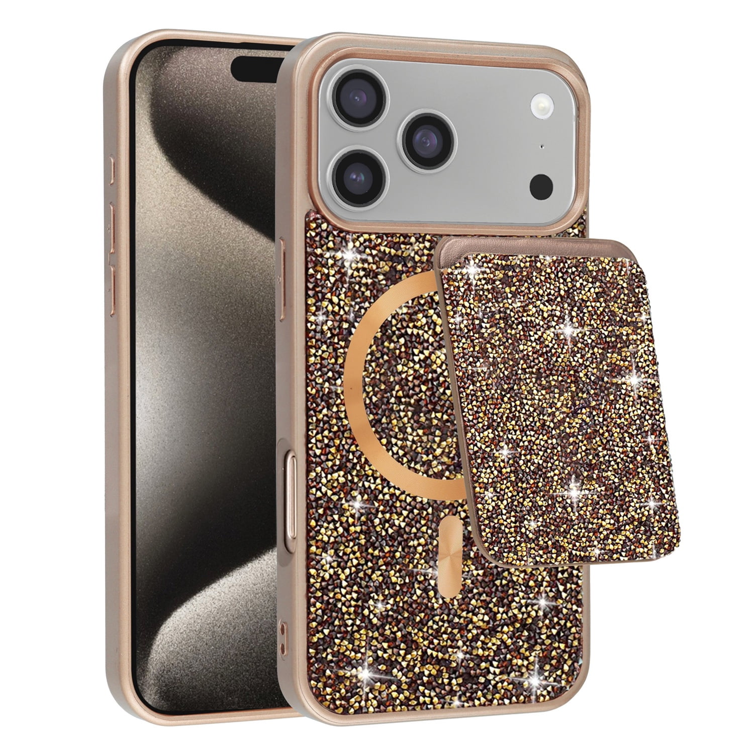 Magnetic Dual-Layer Diamond Protection Case with Wallet Slot for iPhone 17 Pro Max - Gold