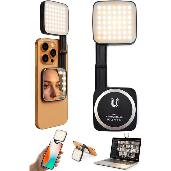 Magnetic Dual-Sided Selfie Light Compatible with MagSafe iPhone, 42LEDs per Side, CRI95+ Rechargeable Portable & Foldable Phone Light with Mirror for TikTok, Vlogging, Zoom Calls, Photography