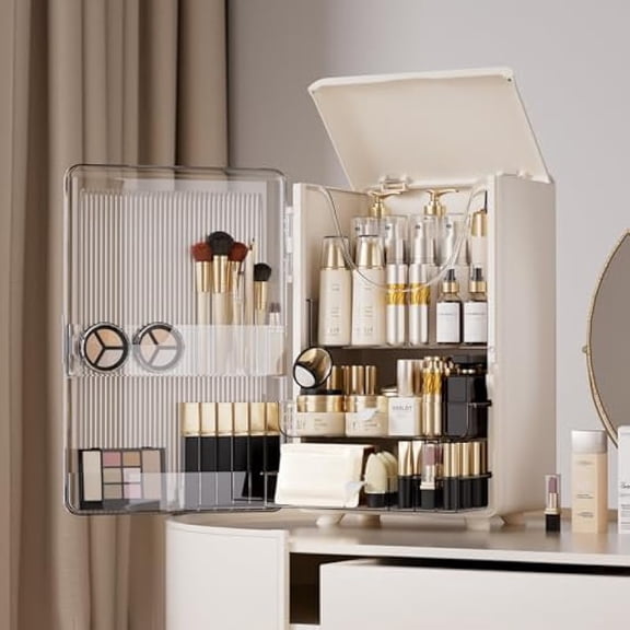 Magnetic Dustproof Makeup Organizer with Vertical Strip Clear Door,Large Capacity Skincare Storage Cabinet,Countertop Cosmetic Holder for Vanity,Bathroom Dresser