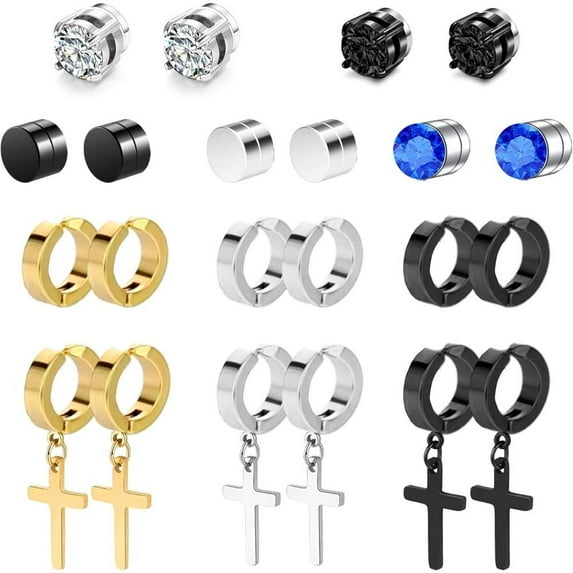 Magnetic Earrings - 11 Pairs Clip On, Non-Pierced, Fake Earrings - Black Cross Hoop Dangle for Men & Women jewelry