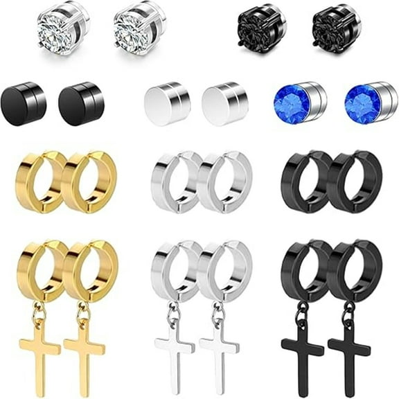 Magnetic Earrings - 11 Pairs Clip On, Non-Pierced, Fake Earrings - Black Cross Hoop Dangle for Men & Women