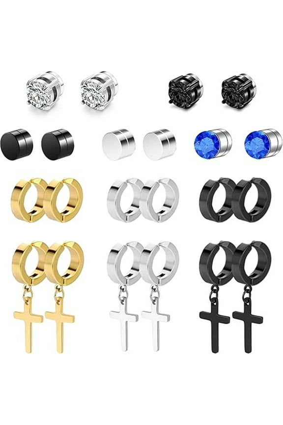 Magnetic Earrings - 11 Pairs Clip On, Non-Pierced, Fake Earrings - Black Cross Hoop Dangle for Men & Women