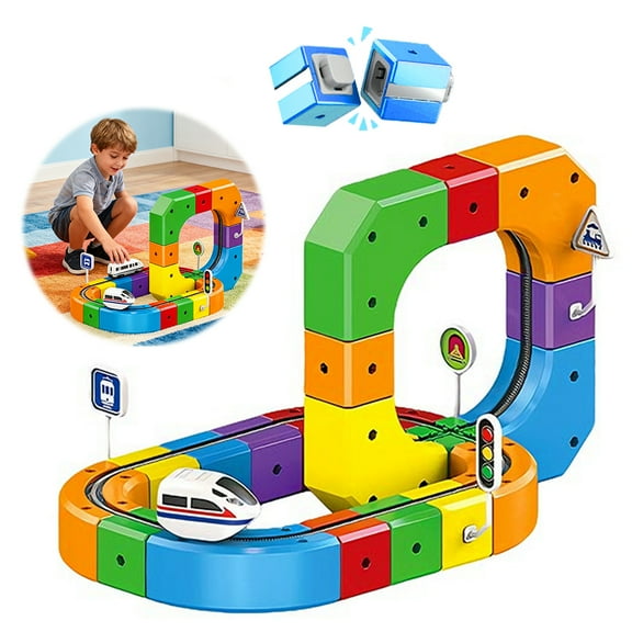Magnetic Electric Car Toys Set, Snap-On Blocks Track Set, 3D DIY Building Blocks for Family Interaction and Skills Improvement (51 Pcs Random Color)
