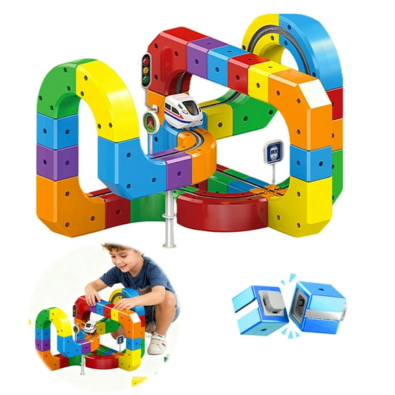 Magnetic Electric Car Toys Set, Snap-On Blocks Track Set, 3D DIY Building Blocks for Family Interaction and Skills Improvement (81 Pcs Random Color)