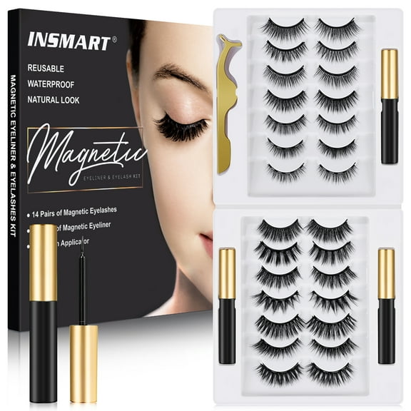 Magnetic Eyelashes, 14 Pairs Magnetic Lashes, False Lashes with 2 Tubes of Magnetic Eyeliner, Magnetic Eyelashes Kit with Tweezers, Reusable, No Glue