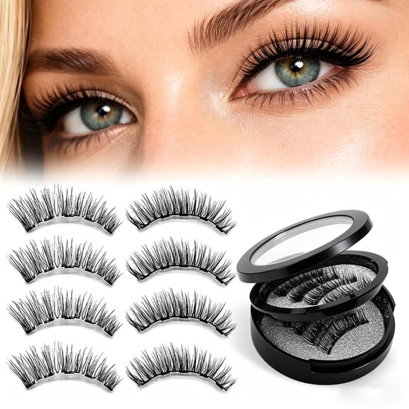 Magnetic Eyelashes with Applicator - Glue-Free 5 Micro-Magnet Strong Hold - Natural Look Reusable 3D Faux Mink Lashes for Work and Party Wear - 4 Pairs Black