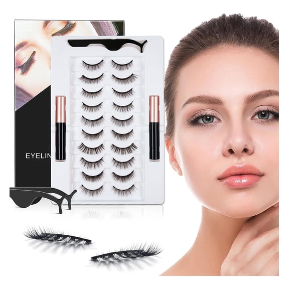 Magnetic Eyelashes 10 Pairs Reusable Magnetic Lashes with Eyeliner and Tweezers, 3D Natural Look &Easy to Wear For Summer Beauty