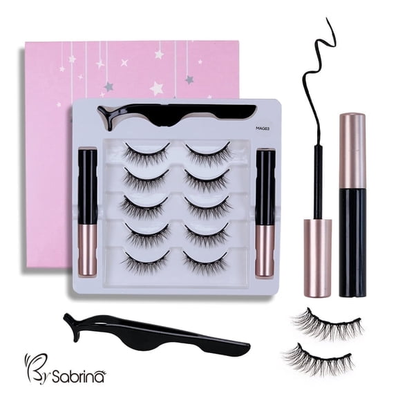 5 Pairs Magnetic Eyelashes with Eyeliner Kit - No Glue Reusable Natural Wispy Lashes Set with Tweezers & 2 Liquid Eyeliners