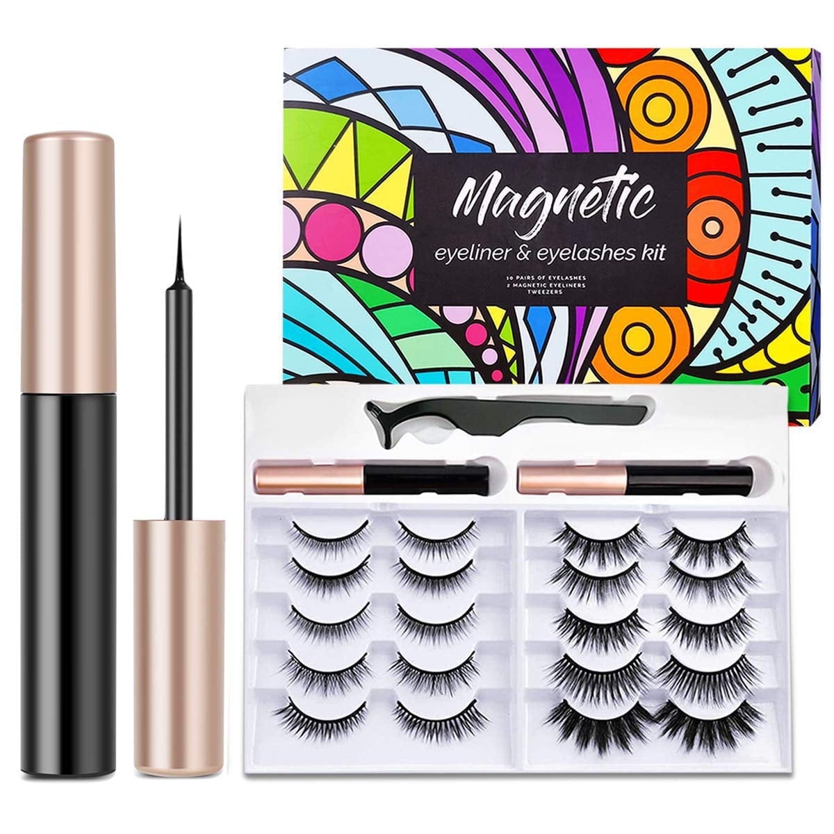 Somnr Magnetic Eyelashes with Eyeliner Kit - 10 Pairs 3D 5D Magnetic Eyelashes and 2 Tubes Eyeliner with Tweezers Natural Look, Reusable False Lashes, No Glue Need