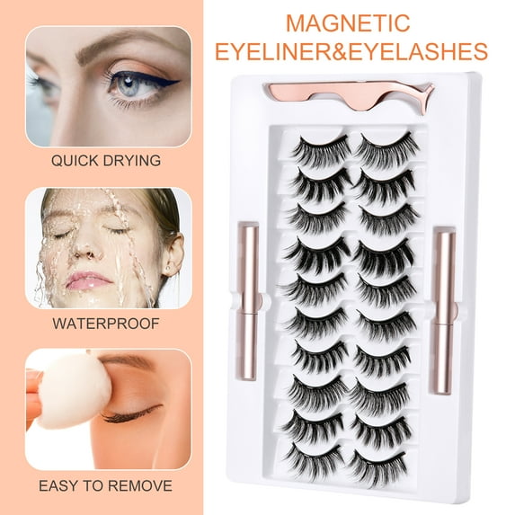 Magnetic Eyelashes Kit with 10 Pairs, 3D Reusable Magnetic Eyelashes with Eyeliner, Multi-type False Eyelashes with 2 Tubes of Eyeliner & Tweezers - Easy to Use