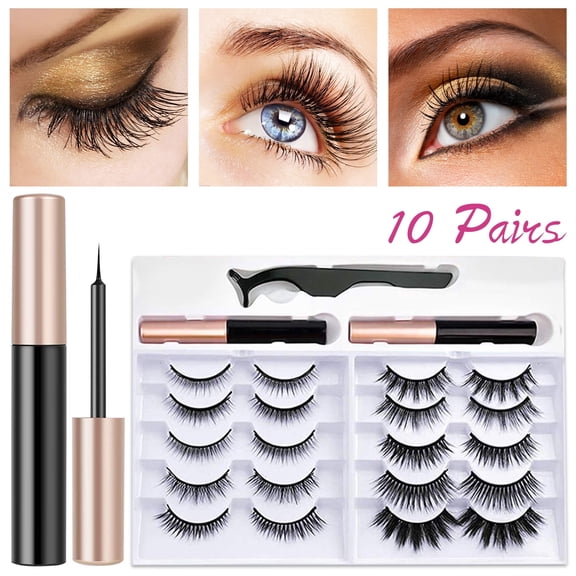 TiokMc Magnetic Eyelashes Kit, 10 Pairs Reusable Natural Look False Lashes with 2 Magnetic Eyeliners and Tweezers, Waterproof No Glue Lash Set for Daily Makeup