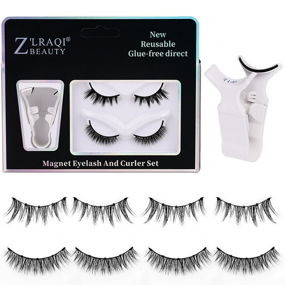 Magnetic False Eyelashes Natural-looking False Lashes Fake Eyelashes with Curler for Eye Makeup No Glue Needed, 2 Pairs