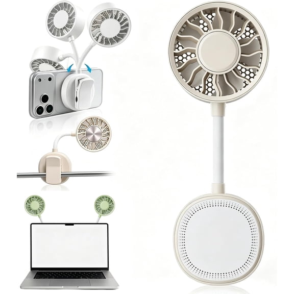 Magnetic Fan and Phone Stand, Multifunctional Personal Fan Clip on with 3 Speeds & Wide Airflow, Portable 360° Flexible Gooseneck for Phones, Tablets, Laptops, Tables and Outdoors (Beige)