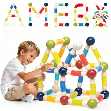 Toiyjofe 48-Piece Magnetic Building Set for Kids Ages 3–6, STEM Construction Toy with Flexible Tubes & Magnetic Balls