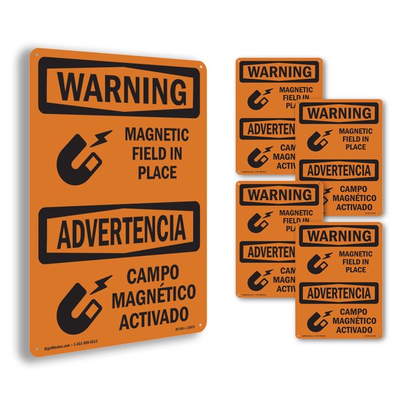Magnetic Field In Place Bilingual OSHA WARNING Rigid Plastic Sign 10 Inch x 7 Inch - 5 Pack