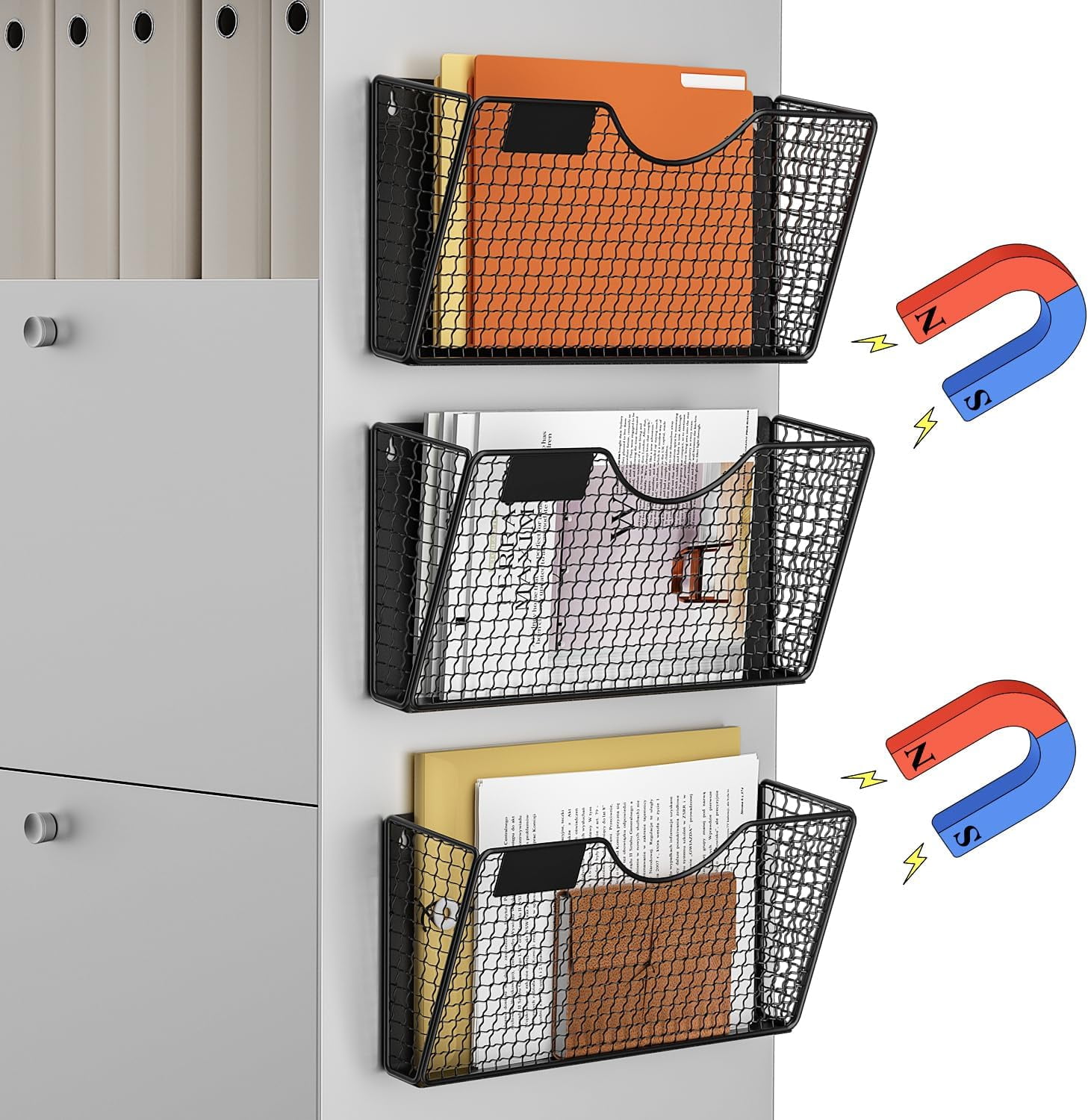 Magnetic File Holder, 3 Pockets Magnetic File Folder Holder No Drilling ...