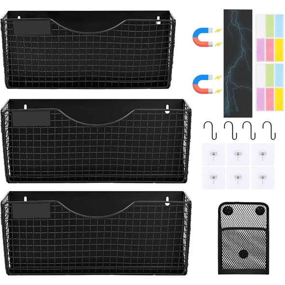 Ktinnead Magnetic File Holder, 3 Pockets Wall File Folders No Drilling Magnetic Paper Holder Document Mail Organizer Hanging Magazine Basket, Storage Rack for File Cabinets Office Classroom