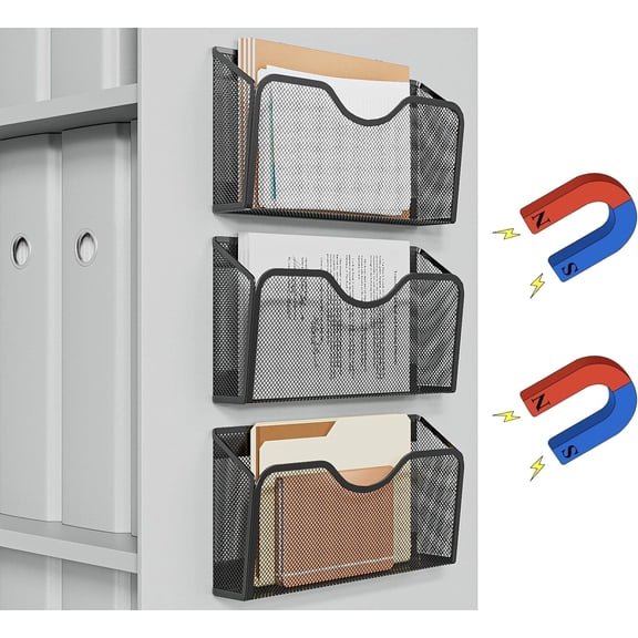 Magnetic File Holder - 3PCS File Paper Mail Organizer No Drilling Magazine Paper Document Holder/Magnetic Hanging File Organizer for File Cabinets, Office, Whiteboard, BLACK