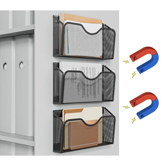 Magnetic File Holder - 3PCS File Paper Mail Organizer No Drilling Magazine Paper Document Holder/Magnetic Hanging File Organizer for File Cabinets, Office, Whiteboard, BLACK