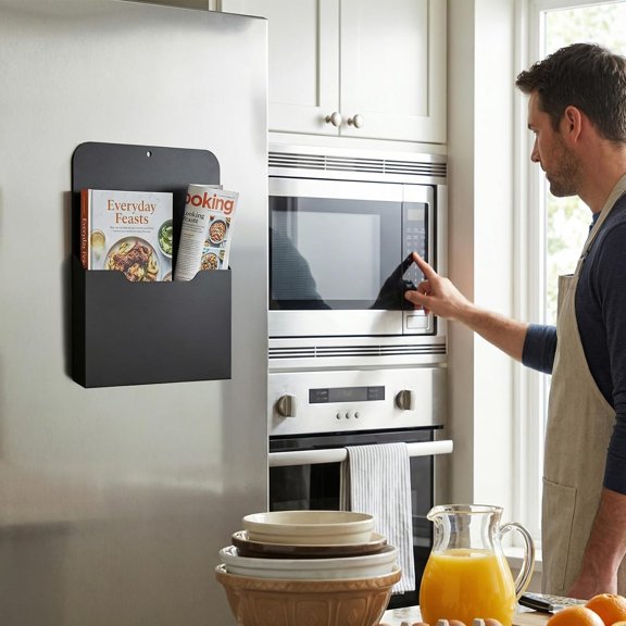 Magnetic File Holder, 4-Pack Large A4 Size Refrigerator Organizer with Strong Back, Plastic Storage for Paper Pens Markers Office Supplies Classroom Home, Black$$Office