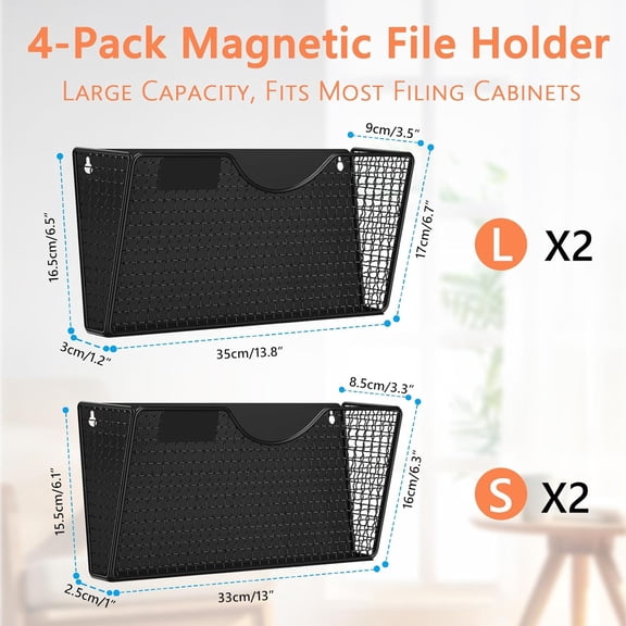 Magnetic File Holder, 4 Pockets Magnetic File Folder Holder No Drilling Magnet Paper Mail Organizer Magazine Basket, Hanging Wall Storage Rack for Fridge Cabinets Office Classroom