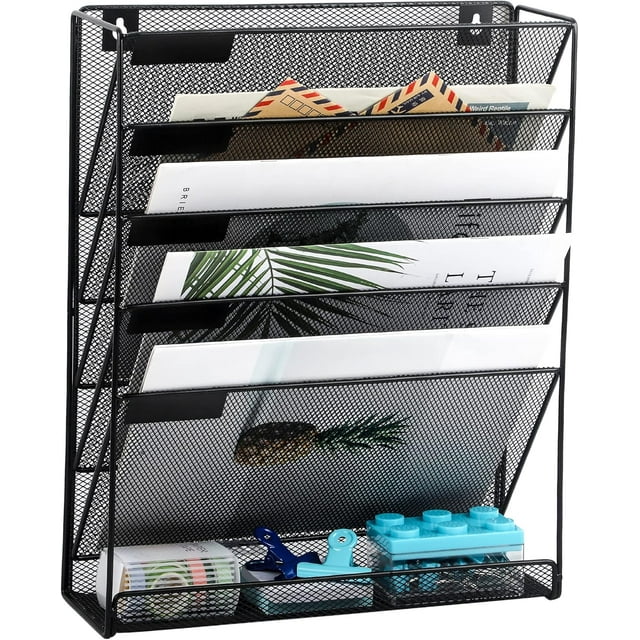 Magnetic File Organizer Mesh 5-Tier Black Hanging File Organizer Vertical Holder Rack for Office Home