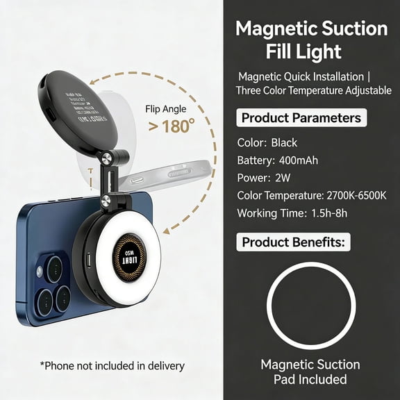 Magnetic Fill Light Magnetic LED Selfie Ring Light with Dimmable Brightness 360° Adjustable Angle Portable Compact Design Built-in Sticky Ring Mount for Smartphone Content Creators Vloggers Makeup,B