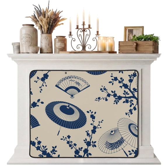 Magnetic Fireplace Cover Blue Paper Fan Fireplace Screen Cherry Blossom Branch Japanese Style Insulation Fireplace Blocker Blanket Save Energy Fireplace Draft Stopper Covers for Living Room 39x32