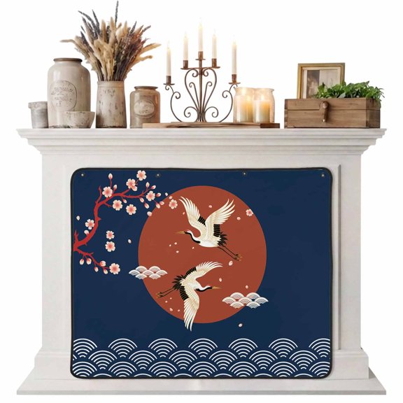 Magnetic Fireplace Cover Cherry Blossom Crane Fireplace Screen Japanese Blue Cloud Waves Insulation Fireplace Blocker Blanket Save Energy Fireplace Draft Stopper Covers for Living Room 45x34