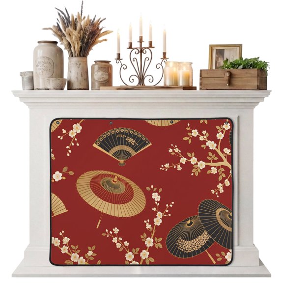 Magnetic Fireplace Cover Golden Paper Fan Fireplace Screen Cherry Blossom Japanese Style Red Insulation Fireplace Blocker Blanket Save Energy Fireplace Draft Stopper Covers for Living Room 36x30