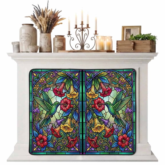 Magnetic Fireplace Cover Green Hummingbirds Fireplace Screen Shiny Stained Glass Flowers Insulation Fireplace Blocker Blanket Save Energy Fireplace Draft Stopper Covers for Living Room 45x34