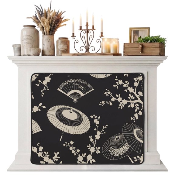 Magnetic Fireplace Cover Paper Fan Fireplace Screen Cherry Blossom Branch Japanese Style Black Insulation Fireplace Blocker Blanket Save Energy Fireplace Draft Stopper Covers for Living Room 39x32