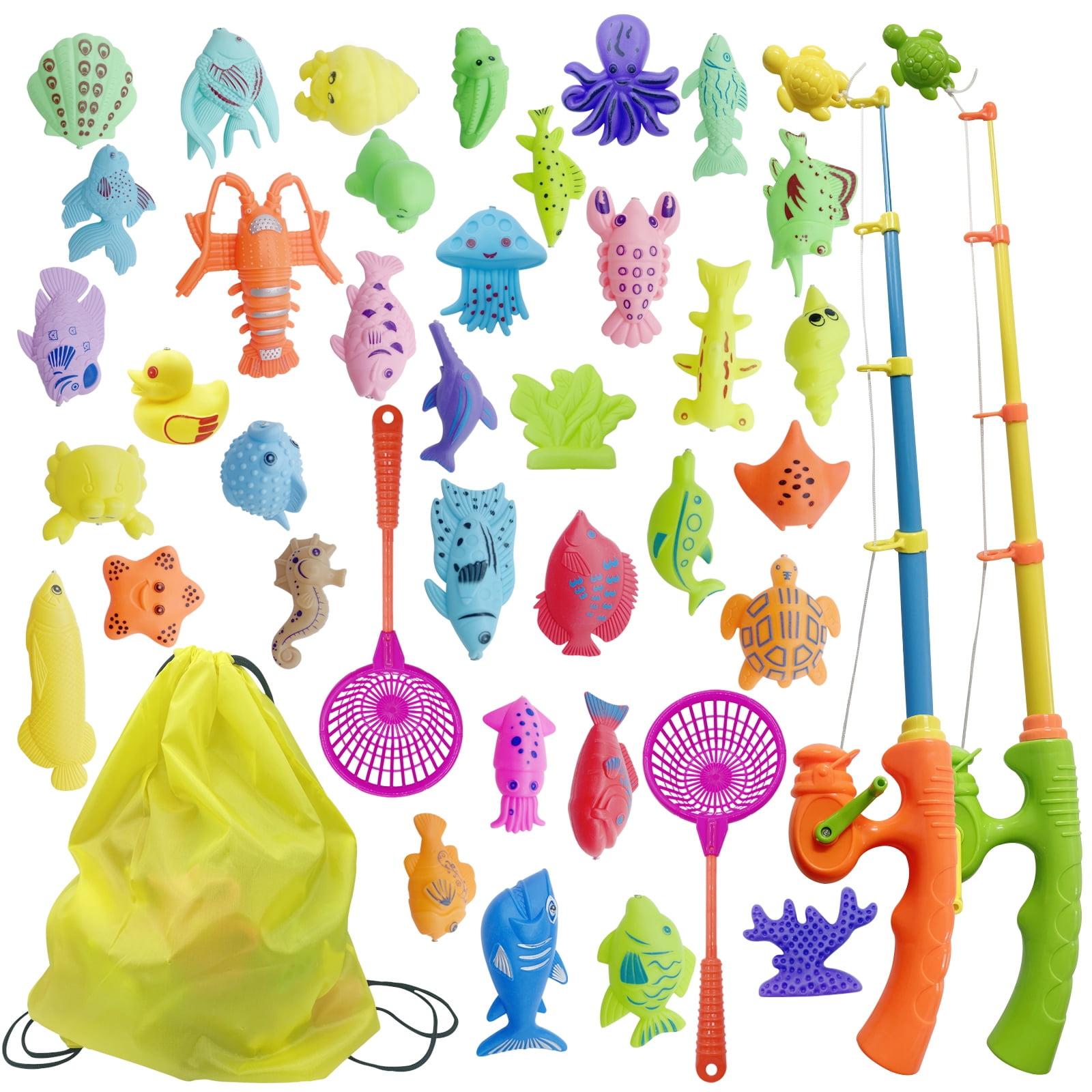 Magnetic Fishing Game for Kids Fishing Toys Game Set for Kids with Pole Rod Net,Plastic Floating Fish,Toddler Education Teaching and Learning of Sizes Colors Ocean ANI(Fishing Toys 40PCS)