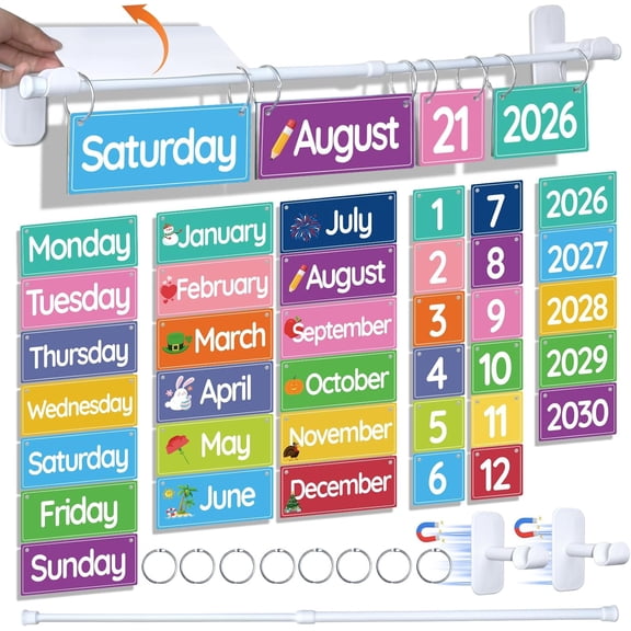Magnetic Flip Calendar for Classroom, Easy Flip Wider Gap, Back to School Bulletin Board Calendar Set with Magnetic Base & Rod, 55 Date Cards, Ideal for Teachers, Homeschool & Whiteboard Decor