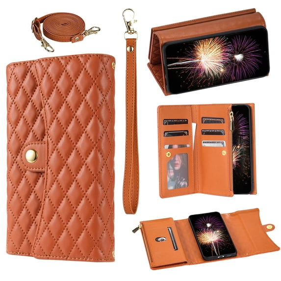 Magnetic Flip Case for Samsung Galaxy S24 FE,Crossbody Strap RFID Blocking Leather Purse Case with Card Holder, Zipper Bills Slot Handbag Wrist Lanyard Cover for Samsung Galaxy S24 FE,Brown
