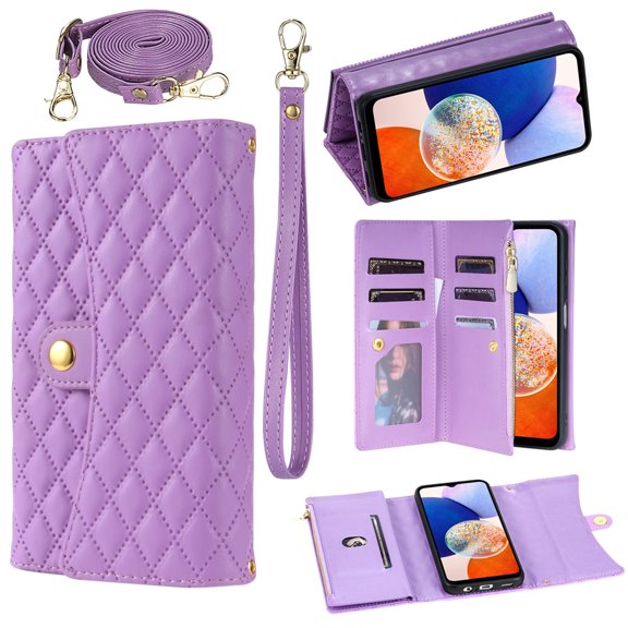Magnetic Flip Case for Samsung Note 20,Crossbody Strap RFID Blocking Leather Purse Case with Card Holder, Zipper Bills Slot Handbag Wrist Lanyard Cover for Samsung Galaxy Note 20, Purple
