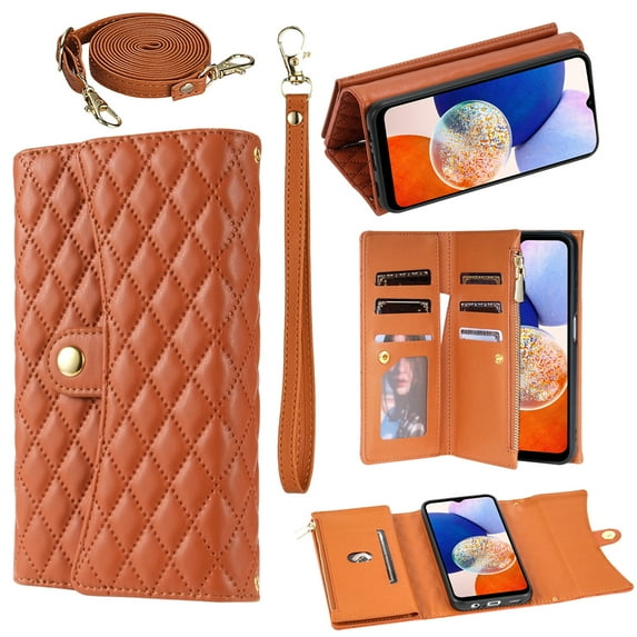 Magnetic Flip Case for Samsung S23,Crossbody Strap RFID Blocking Leather Purse Case with Card Holder, Zipper Bills Slot Handbag Wrist Lanyard Cover for Samsung Galaxy S23, Brown