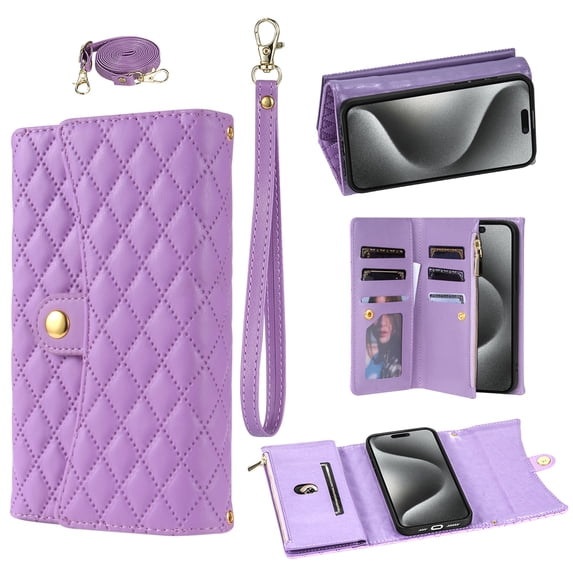 Magnetic Flip Case for iPhone 15 Pro Max,Crossbody Strap RFID Blocking Leather Purse Case with Card Holder, Zipper Bills Slot Handbag Wrist Lanyard Cover For iPhone 15 Pro Max, Purple